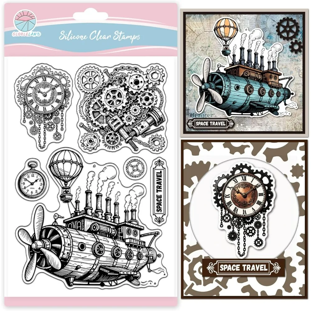 Vintage Steampunk Raumschiff Zahnräder Klare Stempel Mechanische Uhr Transparente Stempel Heißluftballon Silikonstempel