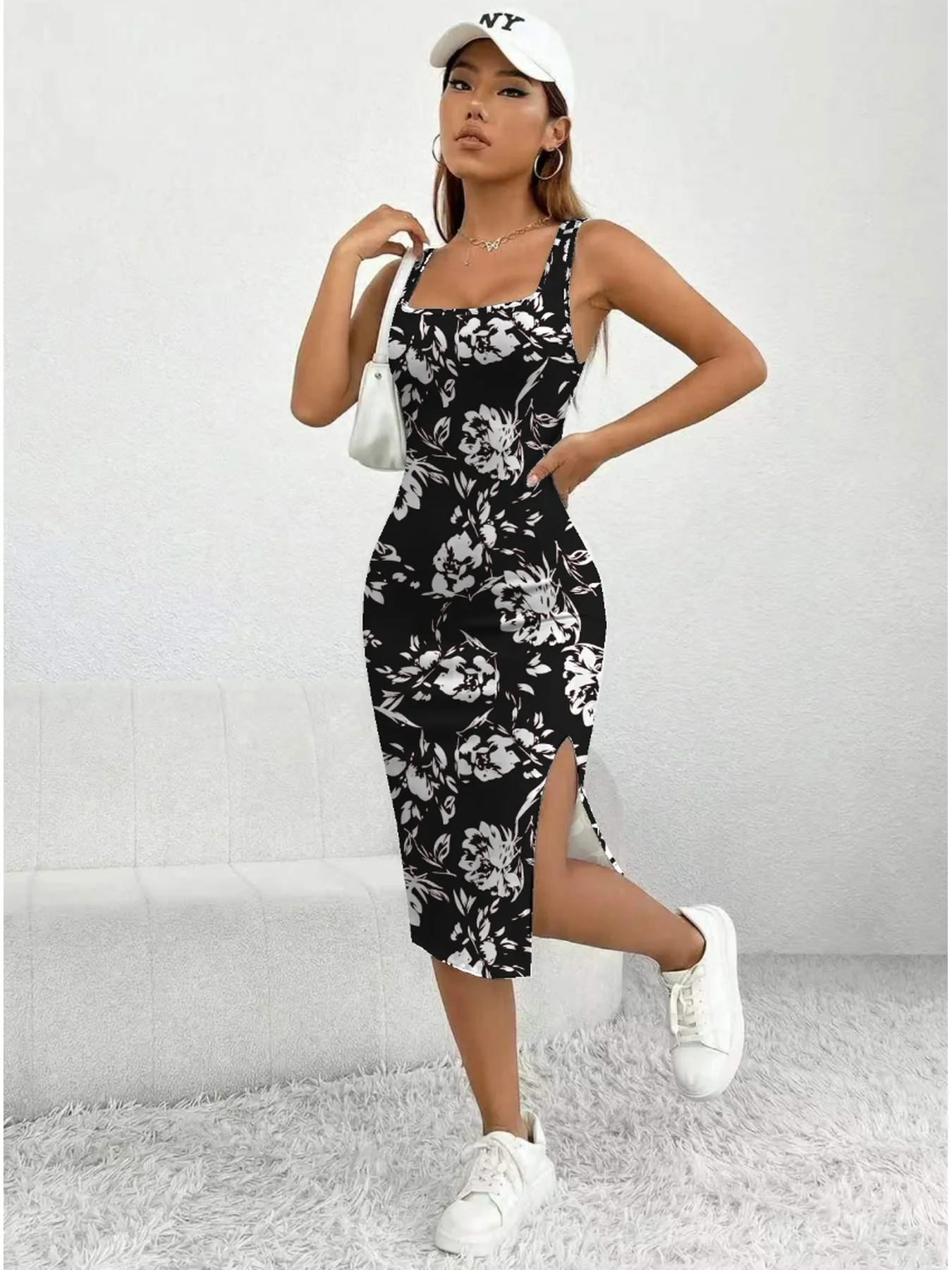 Damen Sommer Casual Elegantes Kleid mit Quadratischem Ausschnitt Geometrisches Blumenmuster Schlitz Mittellanger Rock Bequemes A-Linien Maxikleid – Detail 7