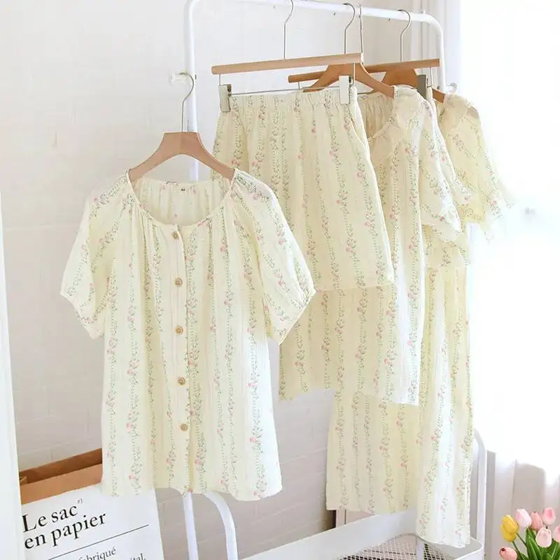 

Cotton Pink Rose Printed Nightdress And Shorts Pamas Set Choice Women's Nightwear Clothes For Homewear Pyjama Suit