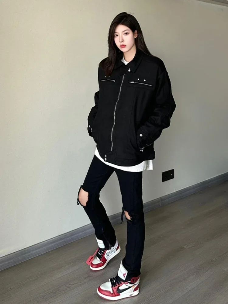 Women Jackets Japanese Style Simple Zipper Couple Loose Casual All-match Fashion Popular Streetwear Long Sleeve Autumn Coats New