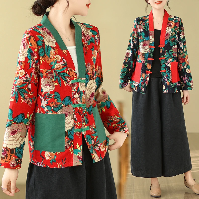 

Северо-восточный берет с большим цветочным принтом, новый этнический кардиган на пуговицах, цветной блуз, ретро-художественный женский топ больших размеров