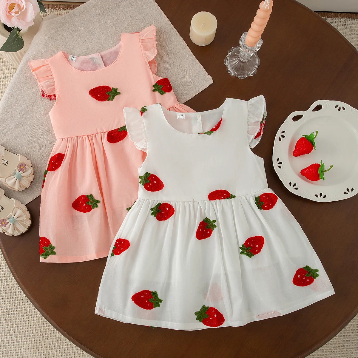 Summer Baby Girl OOTD Korean Style Sweet Lovely Toddler Strawberry Dress Fashion Casual Crew Neck Baby Girl Princess Dress
