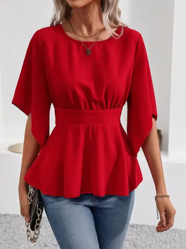 قميص على الموضة الأوروبية والأمريكية بخصر مستدير ورقبة مستديرة وأصفاد غير منتظمة بلون سادة