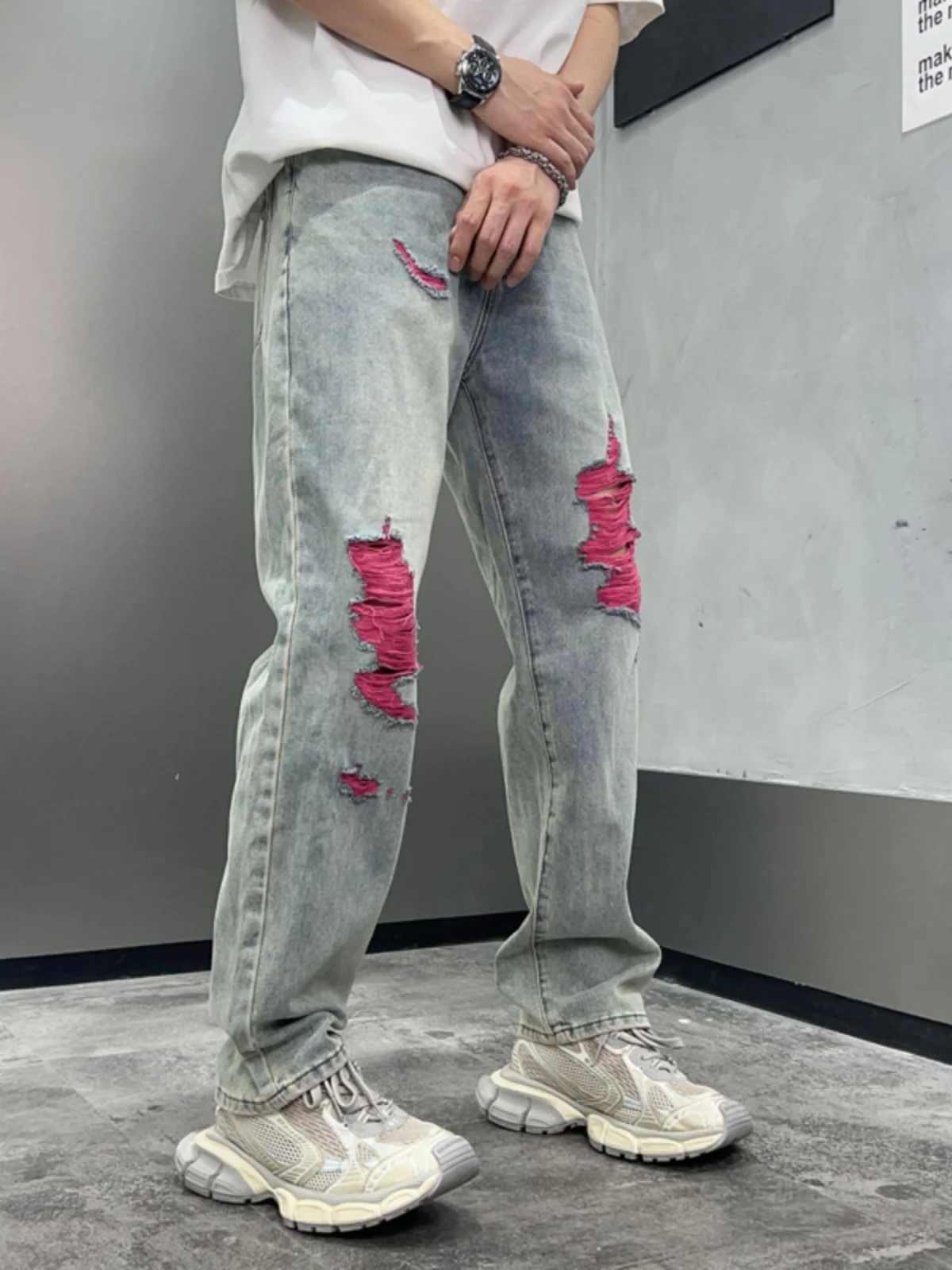 Trendy High-End Men's Ripped Denim Jeans American High Street Vintage Loose Straight Casual Versatile Long Pants