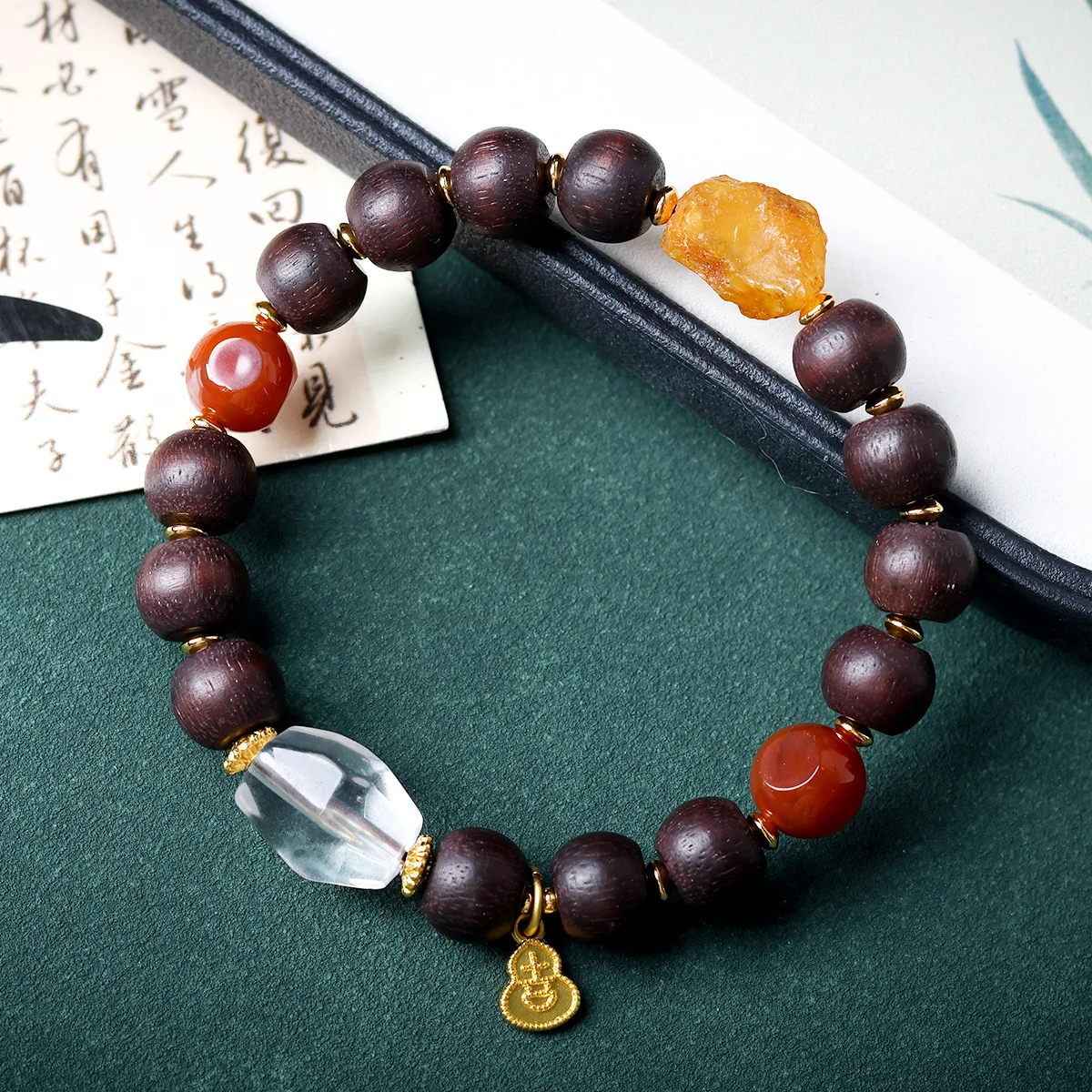 Natural Dalbergia Odorifera Lantern Bead Bracelet with Amber and Agate Chinese Style Beaded Bracelet for Women Gifts