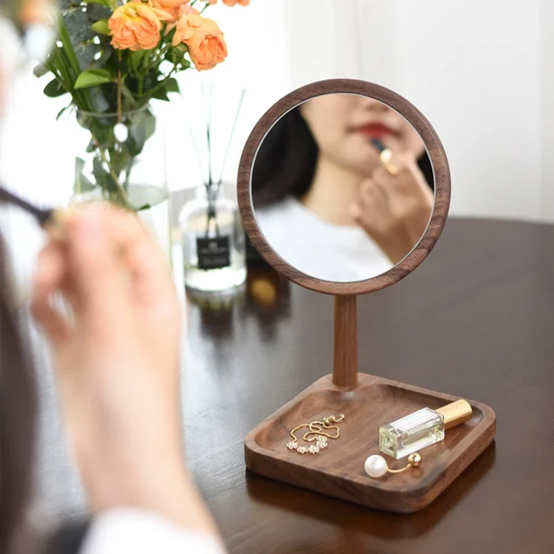 Retro Makeup Mirror North American Walnut Wood Vanity Portable HD MirrorPractical Storable Accessory Elegant Dressing Mirror