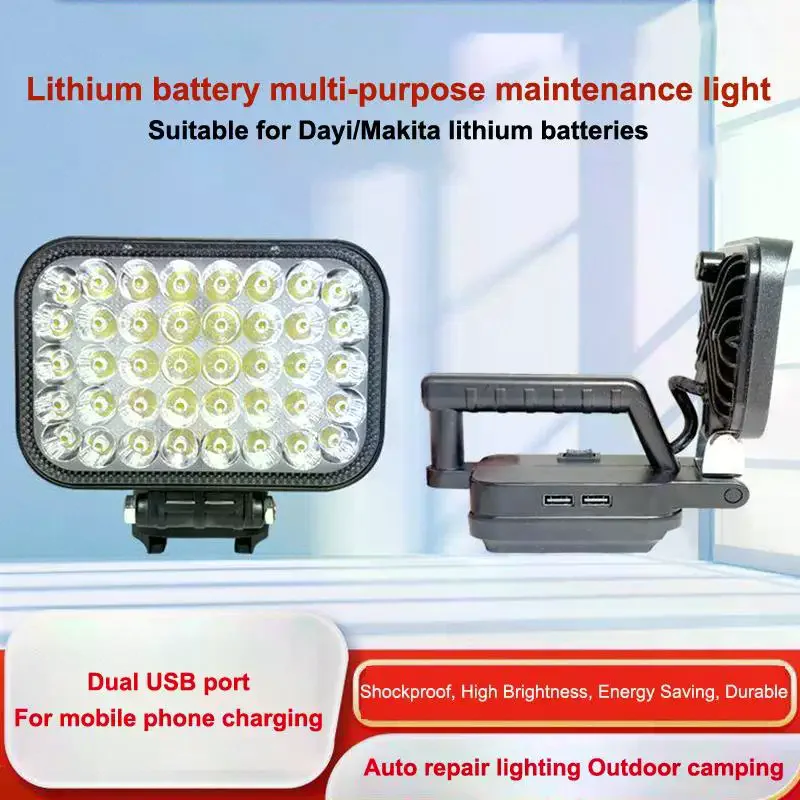 LED Lithium Battery Work Light Dual USB Charging High Low Beams Portable for Outdoor Camping Emergency Power Failure