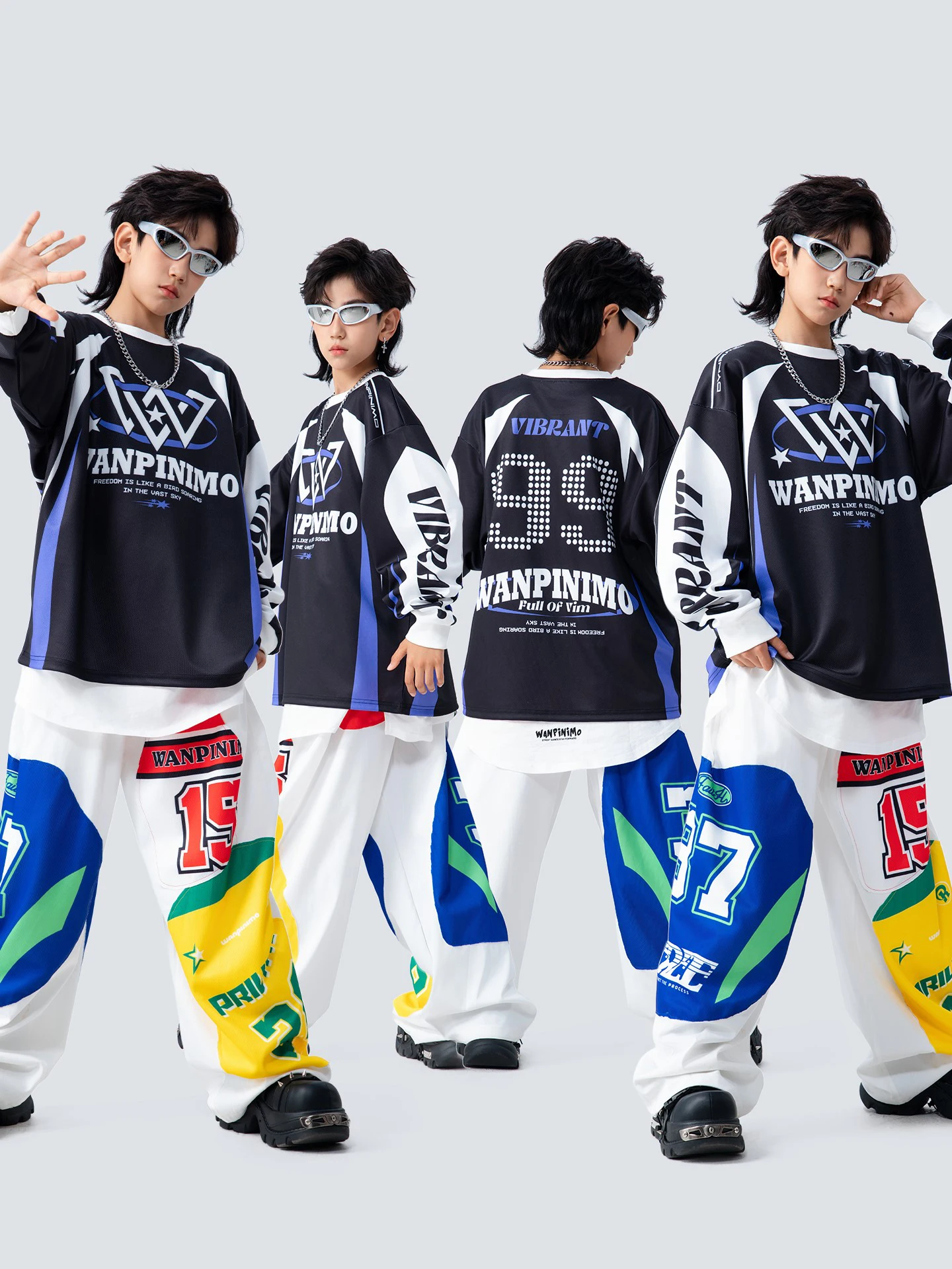 2025 الأطفال الهيب هوب أزياء رقص للبنين قمصان فضفاضة الهيب هوب السراويل الفتيات الشارع الشهير الحديثة أداء الجاز الزي DQS20857