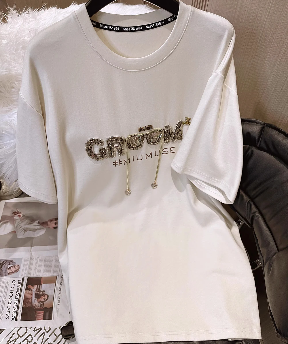 Sommer Neue T Diamant Brief kurzarm T-shirt Frauen Lose Modische Rundhals Kleine Halbarm Top