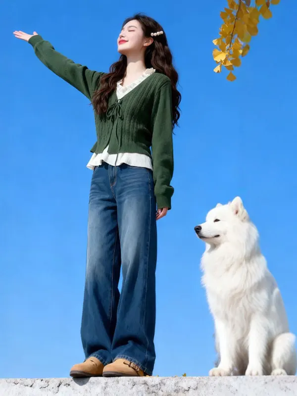 

Ч. � Женский свитер с длинным рукавом и V-образным вырезом, мягкий, модный, в стиле «нежный ветер», имитация двухслойности, коллекция Зима 2025