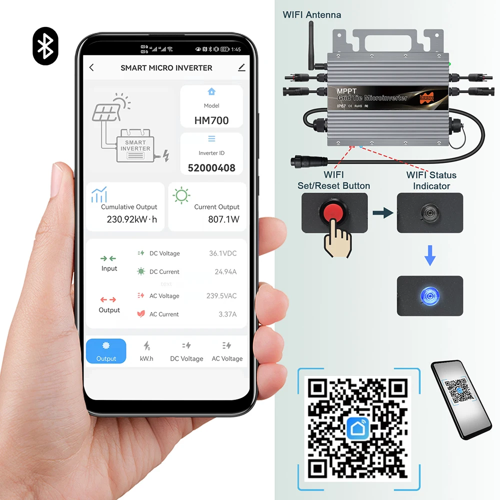 IP67 600W 700W 800W MPPT Grid Tie Micro Inverter With Built-in WiFi function for 20-60VDC PV and 80-260VAC ,With Free EU Plug