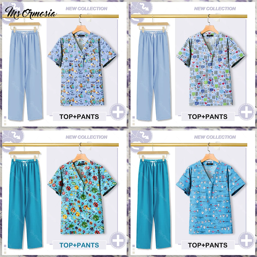 

Nurse Uniform Medical Scrubs Set V-neck Printing Nursing Scrub Top Pocket Straight Pants Salon Pet Grooming Institution Workwear