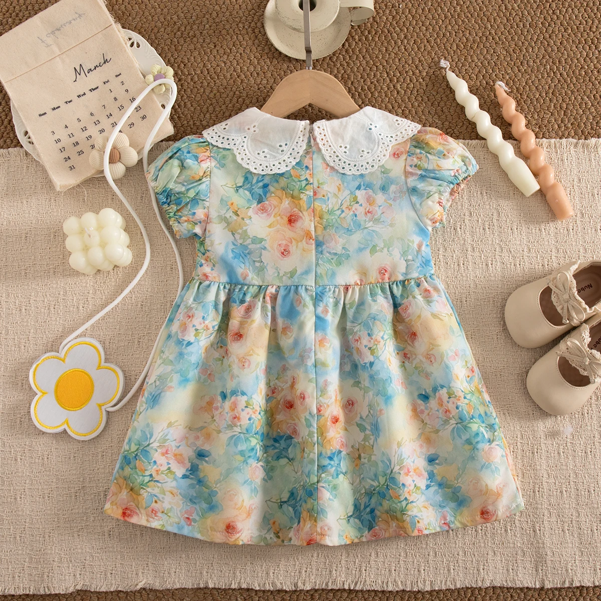 Toddler Girl Dress Oil Painting Floral Pattern Lace Collar Short Sleeve Dress with Bag Girls Summer Outing Clothing