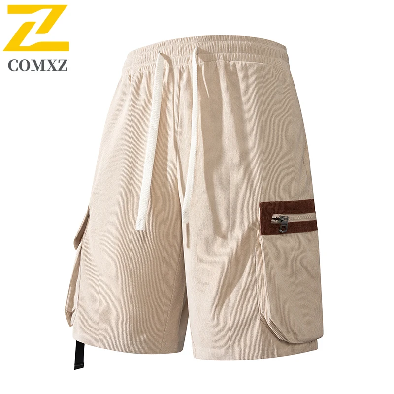 夏のカーゴショーツ男性ファッションジムコーデュロイジップポケットスウェットパンツジョガー屋外カジュアル通気性釣りショートオムスポーツ