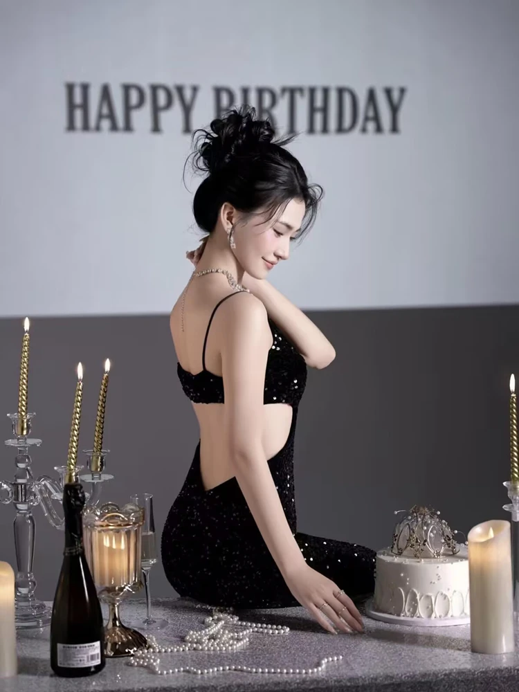 Birthday Photography Studio Korean Style Bright Sequin Dress Artistic Clothing for Women Stage Performance Traditional Chines...