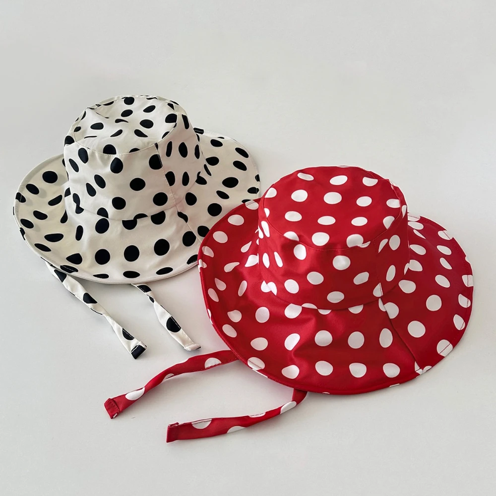 Summer Polka Dot Lace Up Boater Hat Korean Style Cotton Sun Hat with Wide Brim Beach Vacation Instagram Style Bucket Hat Cute