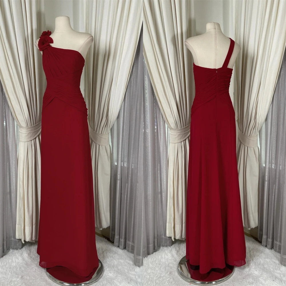 

Нежное красное шифоновое вечернее платье по индивидуальному заказу, высокое качество, с вырезом лодочкой, на одно плечо, на молнии сзади, цветы, платья для особых случаев