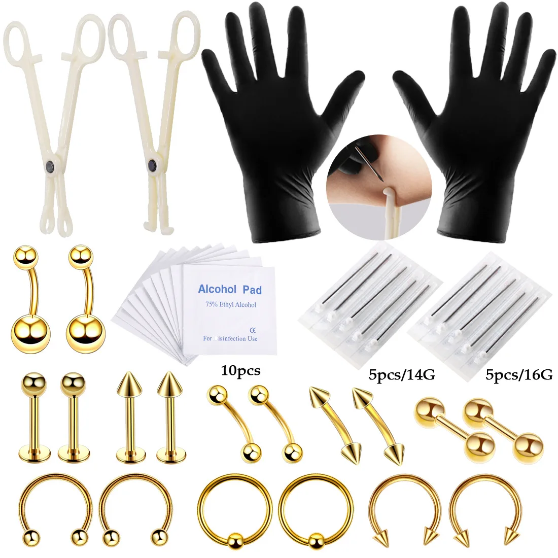Ensemble d'outils de perçage de tatouage en acier inoxydable, 42 pièces, clou à lèvres, sourcils, anneau ombilical, bijoux de perçage pour le corps