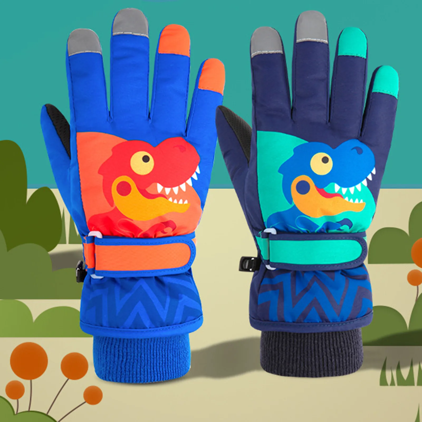 

Детские лыжные зимние перчатки для мальчиков, зимние утолщенные теплые водонепроницаемые перчатки с флисовой подкладкой и рисунком динозавра