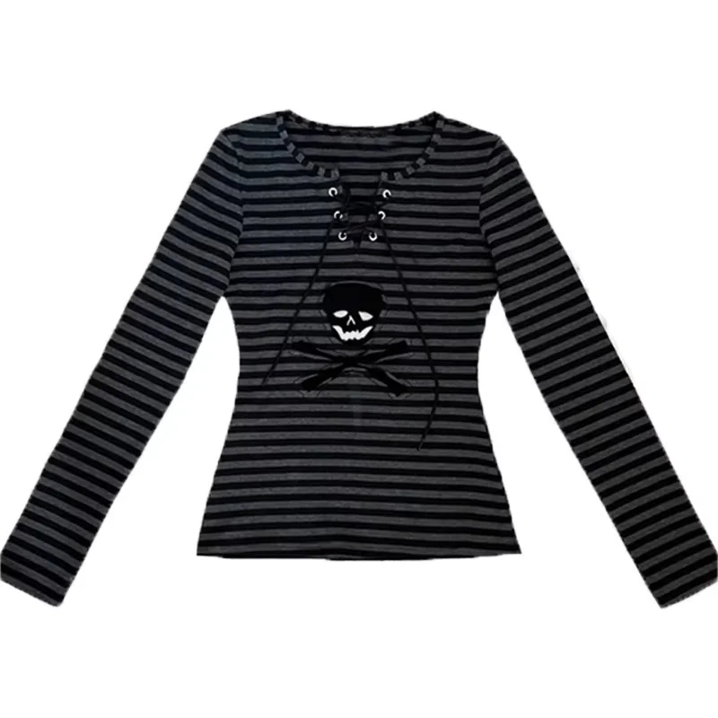 Damen Gothic Punk Gestreiftes Langarm-Oberteil mit V-Ausschnitt, Schnürung, Totenkopf-Applikation, Slim Fit, Emo Grunge Alt Streetwear T-Shirt – Detail 12