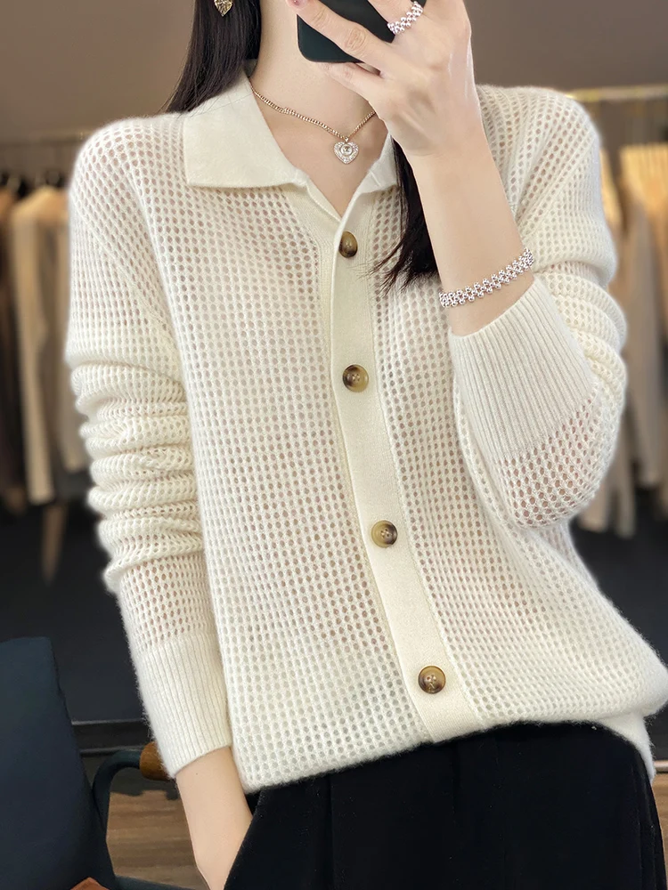 

New Spring Autumn Women POLO Collar Cardigan 100% Pure Wool Knitwear Long Sleeve Hollow Out Cashmere Sweater Korean Style Tops