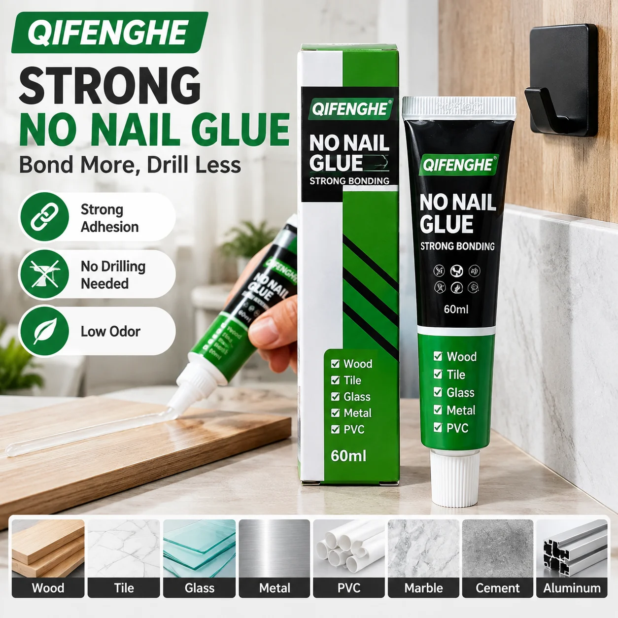 Strong nail-free adhesive, box-packed, no drilling required, transparent glass glue with superadhesion, scratch-resistant auxili