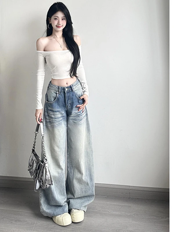 

Американские джинсы-клеш в стиле ретро, женские, с высокой талией, свободные, прямого кроя, осенняя коллекция