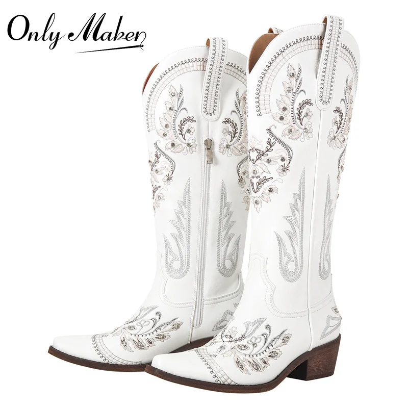 

Onlymaker Women Embroidered White Western Cowboy Boots Block Heel Pull-On Pointed Toe Crystal Cowgirl Booties