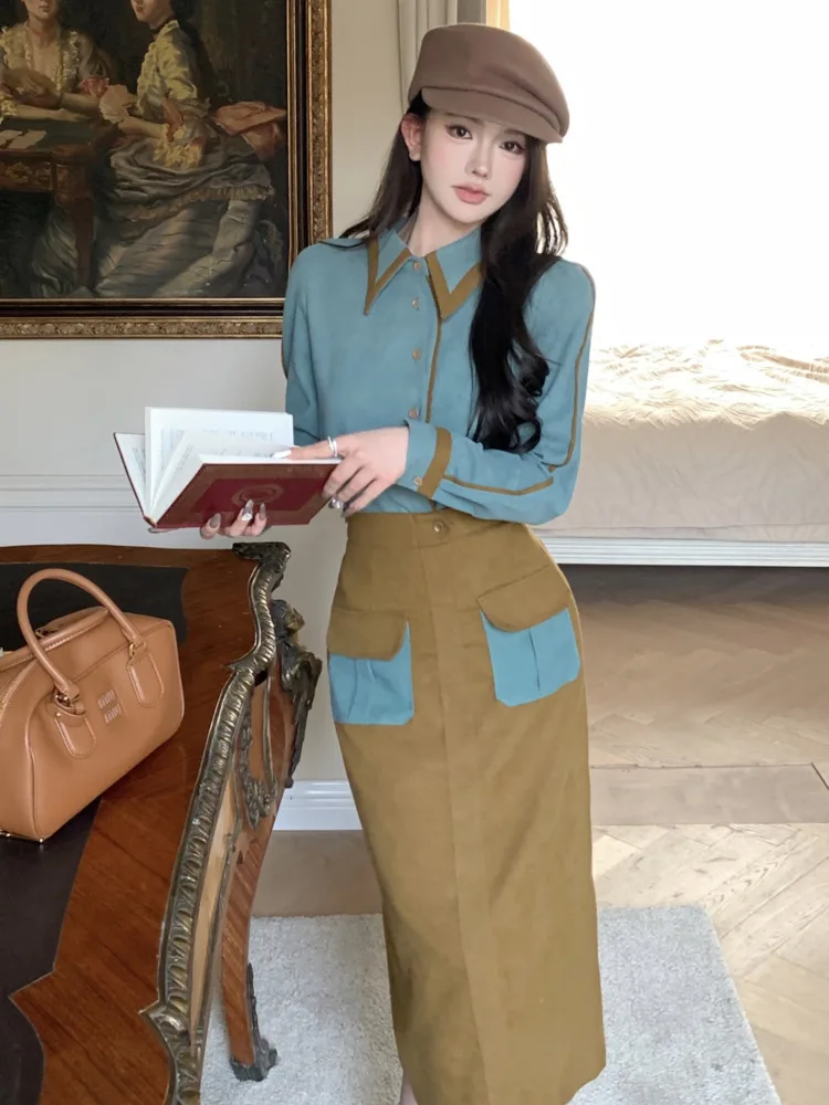 High Quality Autumn French Vintage Fashion 2 Piece Sets Women Outfit Korean Temperament OL Shirt Blouse Tops + Long Skirt Suits