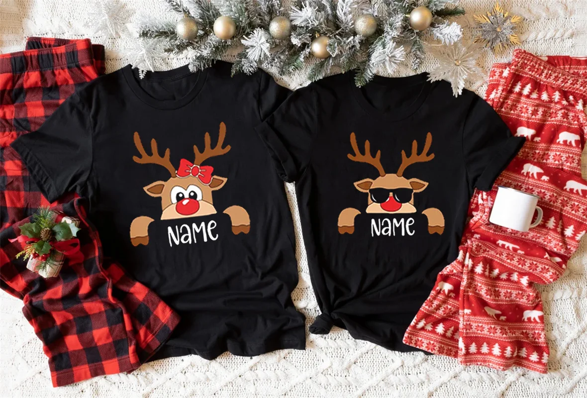 Christmas Customized Print T-Shirt DIY Name Women Reindeer Name Family Matching T-Shirt Personalized Reindeer Family Shirts