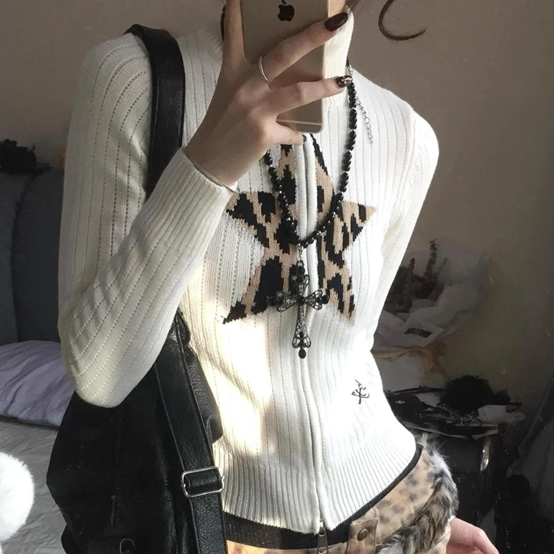 Leopardo estrela jacquard gola alta com zíper camisola casaco feminino topo retro bege fino malha cardigan feminino topo inverno outerwears