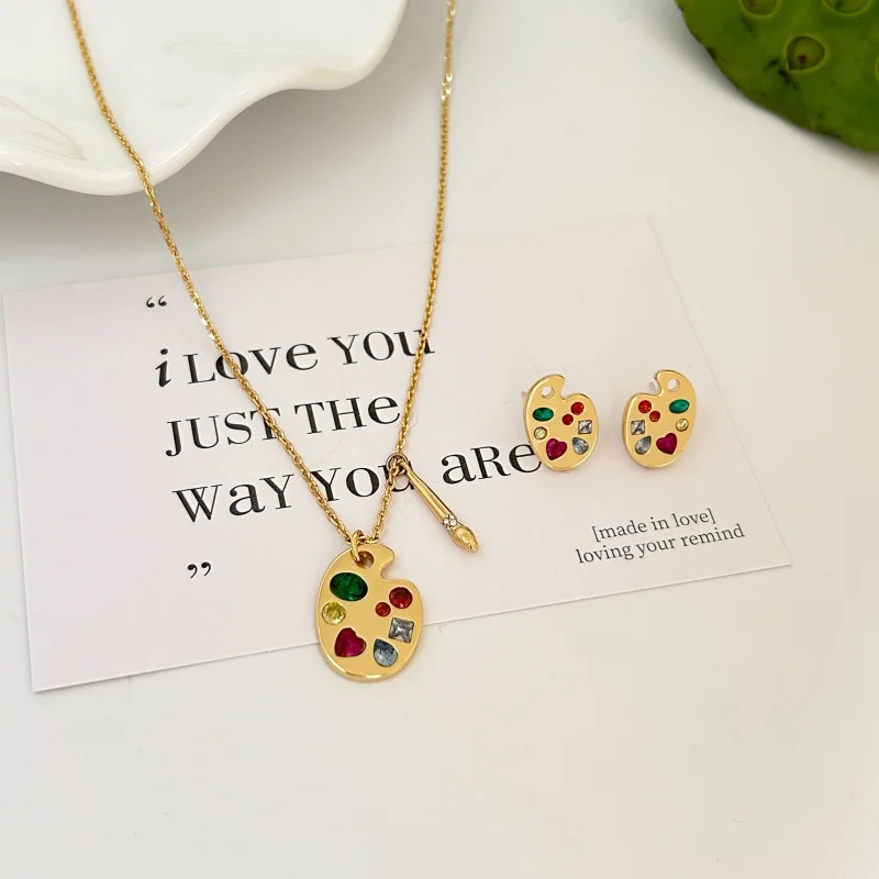 

Personality Art Design Color Palette Necklace Color Zircon Paintbrush Earrings Fashion Female Clavicle Chain Trendy Party Jewelr