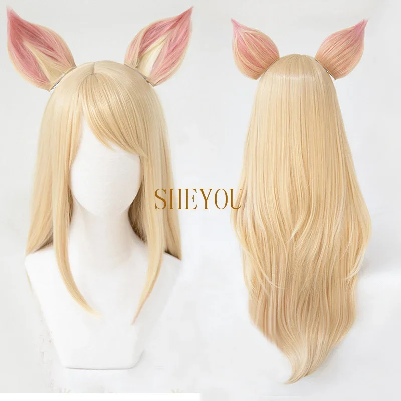 LOL K/DA Ahri Cosplay Wigs With Ears KDA Ahri 80cm Long Blonde Heat Resistant Cosplay Hair Wigs + Wig Cap