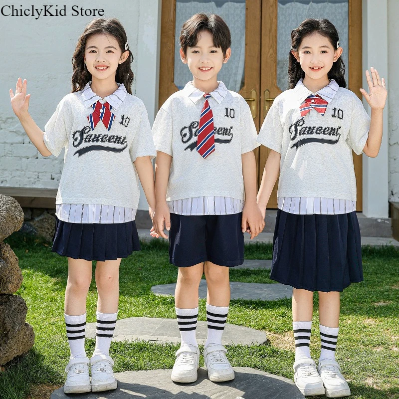 

Girls Fashion Preppy Fake Two Polo Shirt Skirts Boys T-shirt Shorts Kids Clothes Sets Children Summer Students School Uniforms