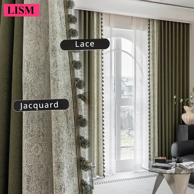 

Dark Green Spliced Lace Medieval Style Chenille Hemp Curtains Bedroom Living Room Window Blackout Jacquard Fabric Customized New