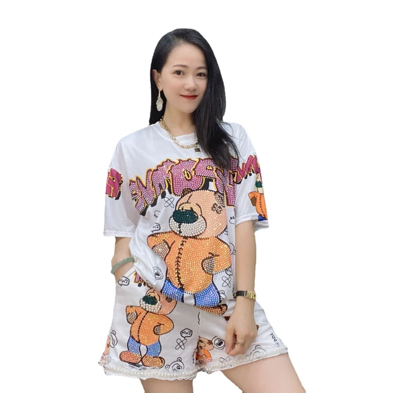 Summer New Casual Shorts Suit Women\'s Heavy Embroidery Hot Drilling Beaded Cartoon Printed Short-Sleeved T-shirt Two-Piece Suit