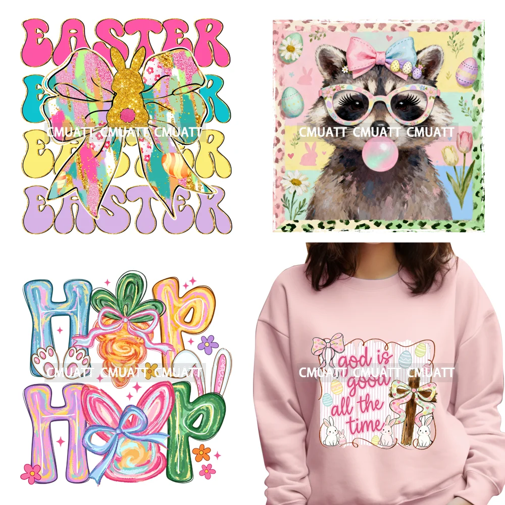 

Термотрансферные наклейки DTF для одежды: Хип-хоп, Пасхальные яйца, Цветы, Кокетливый кролик. Готовые к нанесению, моющиеся, для термопереноса.