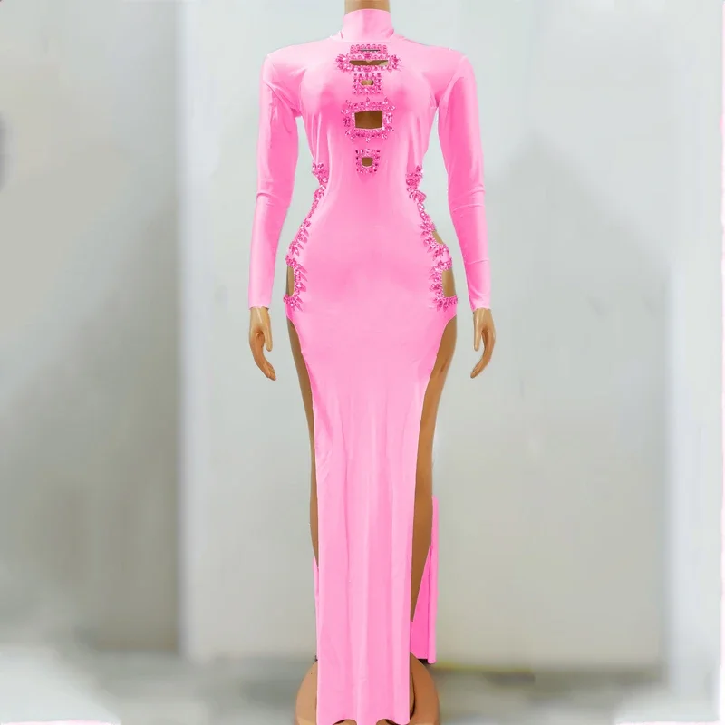 7 farben Lange Ärmel Strass Schlitz Kleid Frauen Ausschnitt Party Tanz Kleid Feiern Kostüm Bühne Festival Outfit XS6444