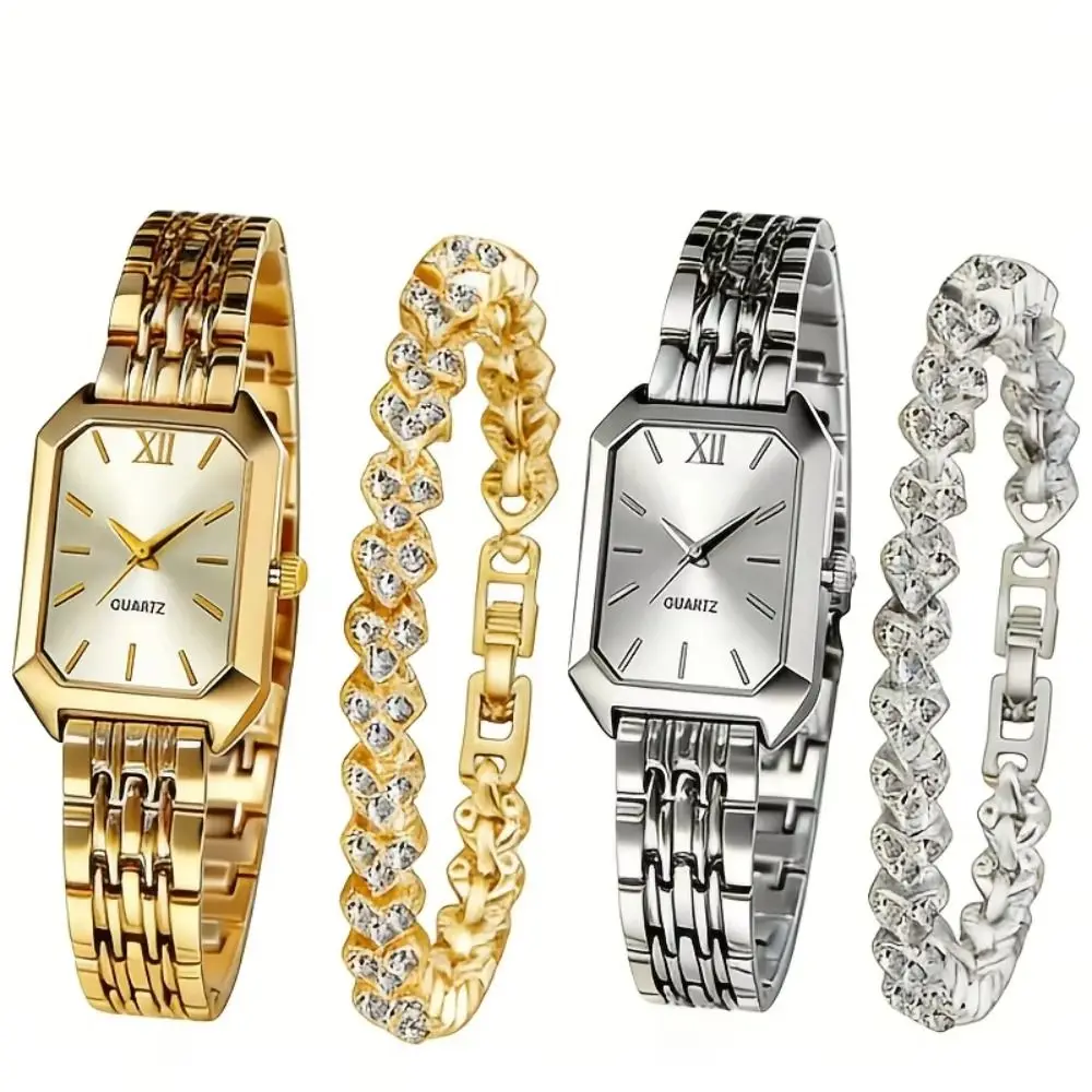Fashion Watch and Rhinestone Bracelet Set Rectangle Jewelry Women Quartz Watch Korean Roma Dial Ladies Wristwatches Girls Clock