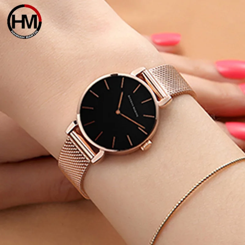 Hannah Martin Women Watch Japan Quartz Movement Simple Waterproof Rose Gold Stainless Steel Mesh Ladies watch relogio feminino