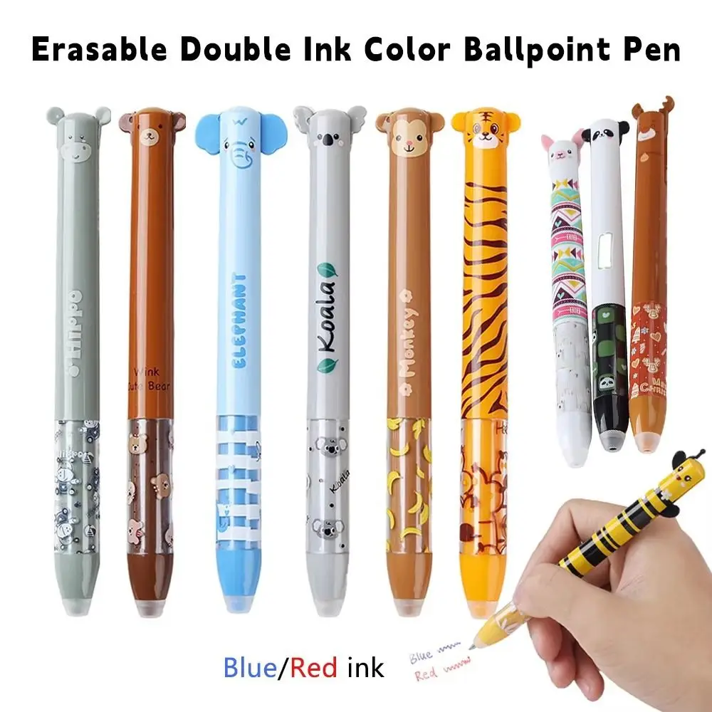 Random 1Pc Multifunctional Erasable Ballpoint Pen Animal Design Quick-drying Gel Pen Double Ink Color Pens Writing School Office