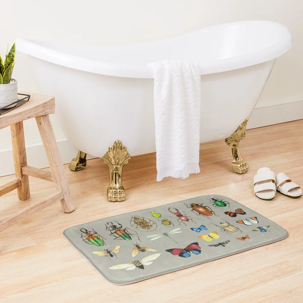 

The Usual Suspects - Insects on grey - watercolour bugs pattern by Cecca Designs Bath Mat Home Decor Bathroom Slip Mat