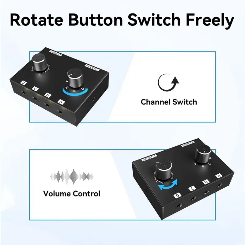 Bi-Directional 3.5Mm Audio Switcher 4 In 2 Out Audio Switch Box 6-Way Audio Splitter Box With Rotary Volume Knob