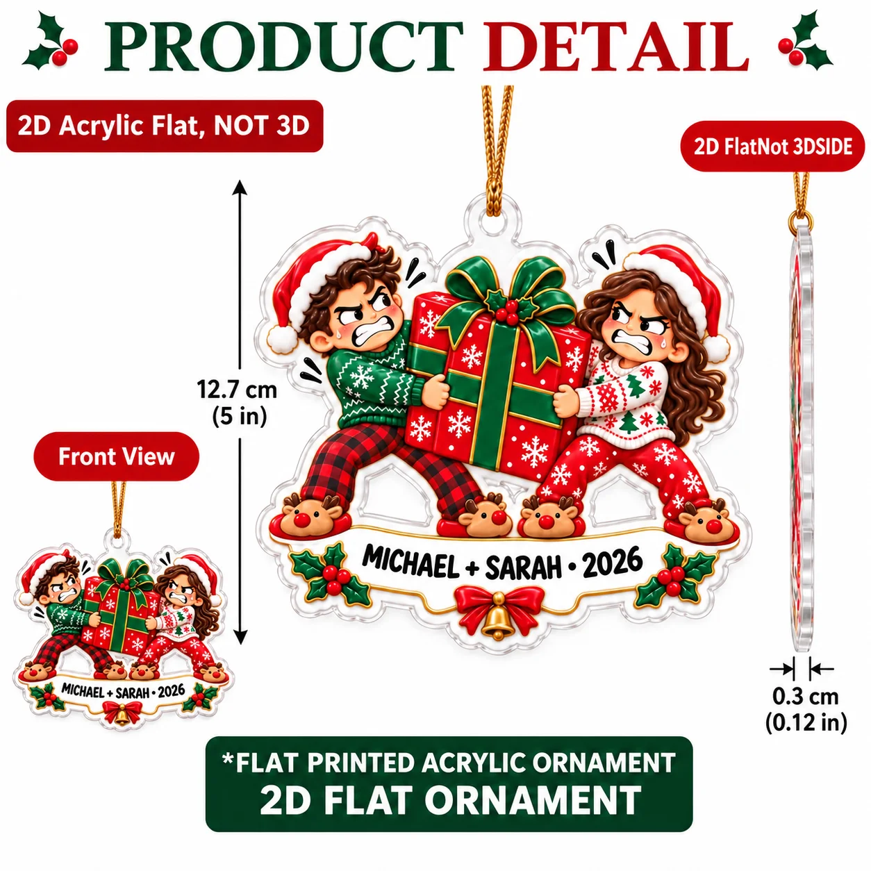 1PC Personalized Couple Christmas Ornament Custom Names Funny Gift Box Tug of War 2D Flat Acrylic Xmas Tree Hanging Gift Decor