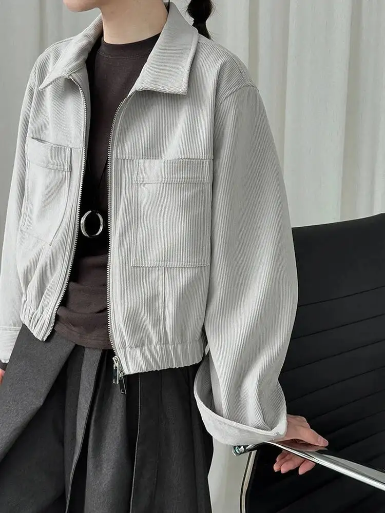 

Gray Pocket Corduroy Big Size Casual Jacket New Lapel Long Sleeve Women Coat Fashion Tide Spring Autumn