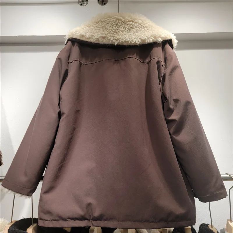 2025 Winter Women's Retro Army Green Plush Patchwork Big Lapel Parka Loose Casual Thickened Warm Winter Coat Jackets for Women