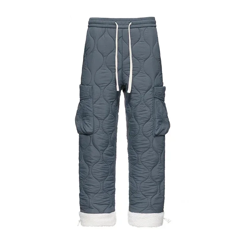 Winter Fleece Pants Men Casual Versatile Thickened Windproof Warm Pocket Cargo Pants Outdoor Casual Ski Down Cotton Padded Pants