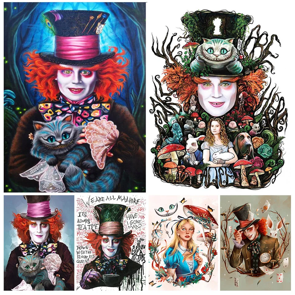 Mad Hatter Diamond Painting Alice in Wonderland Cheshire Cat 5D Full Diamond Mosaic Cross Stitch Complete Kit Home Decoration