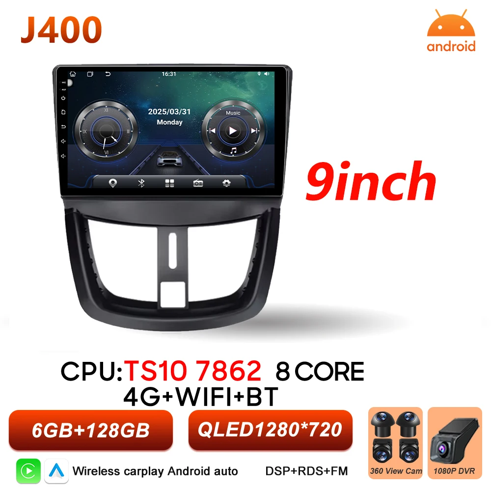 Android 16 Auto autoradio voor Peugeot 206+ 207 207CC 2006 - 2015 Carplay multimediaspeler GPS navigatie DSP autoradio scherm