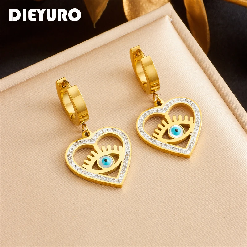 DIEYURO 316L Stainless Steel Heart-shaped Eyes Pendant Earrings For Women Girl Fashion Ear Buckle Jewelry Lady Holiday Gift